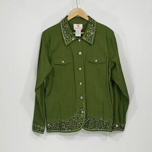 Quacker Factory  Olive Green Jeweled Bedazzled Cotton Jacket  Women's Size M